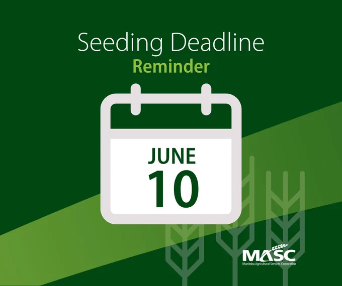 Calendar showing June 10 as the seeding deadline reminder on a green background with agricultural graphics.