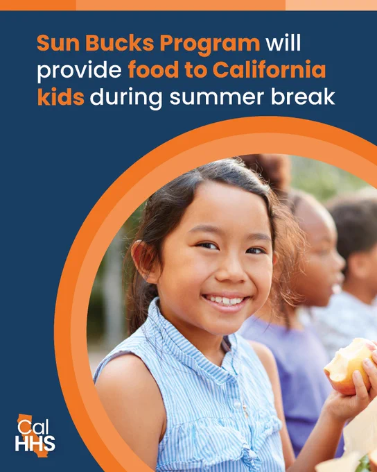 A young girl smiling and holding a sandwich, with other kids in the background. The text reads: "Sun Bucks Program will provide food to California kids during summer break." The CalHHS logo is in the bottom left corner.