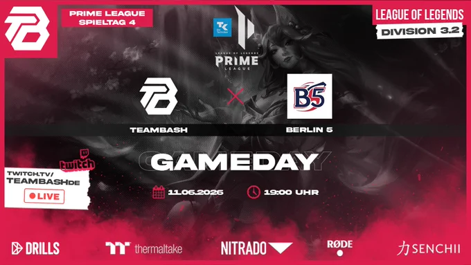Es geht Schlag auf Schlag – morgen ist wieder Spieltag! 🔥

🕖 Wann: 19:00 Uhr
⚔️ Gegner: @berlin5_lol
🎙️ Cast: @InviSan_Casts
Der Kampf geht weiter. Wir sind bereit. 💪

#primeleague #div3 #teambashwins #leagueoflegends