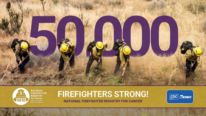 wildland firefighters on the fire line with "50,000" behind them and "Firefighters strong! National Firefighter Registry for Cancer" with the CDC NIOSH and NFR logos below them
