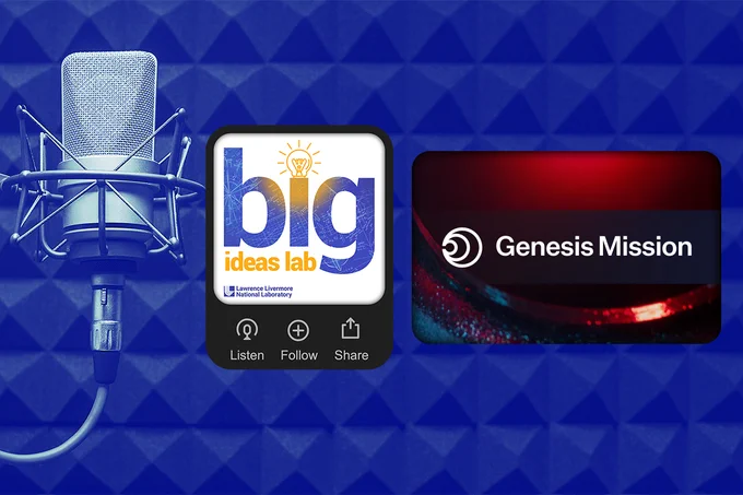 microphone, podcast logo, and Genesis Mission logo on a blue patterned background