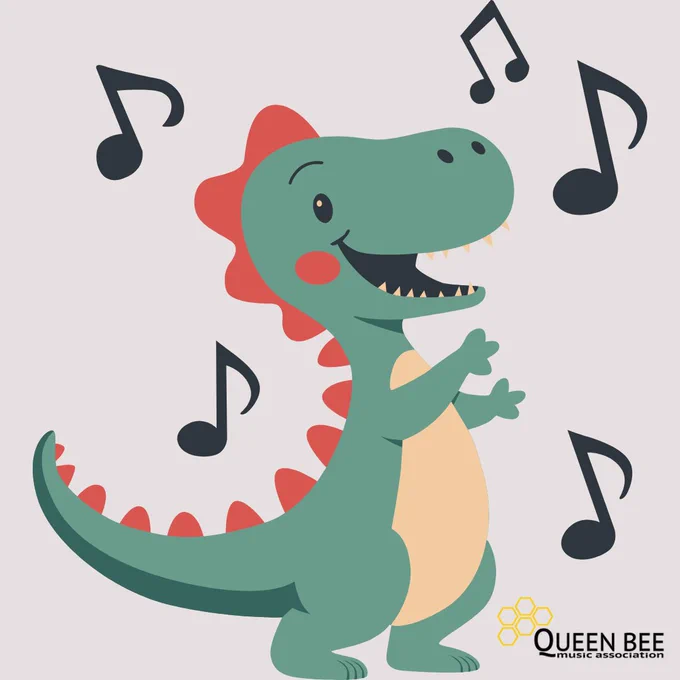 A cartoon green dinosaur with red spikes on its back is singing with musical notes floating around it.