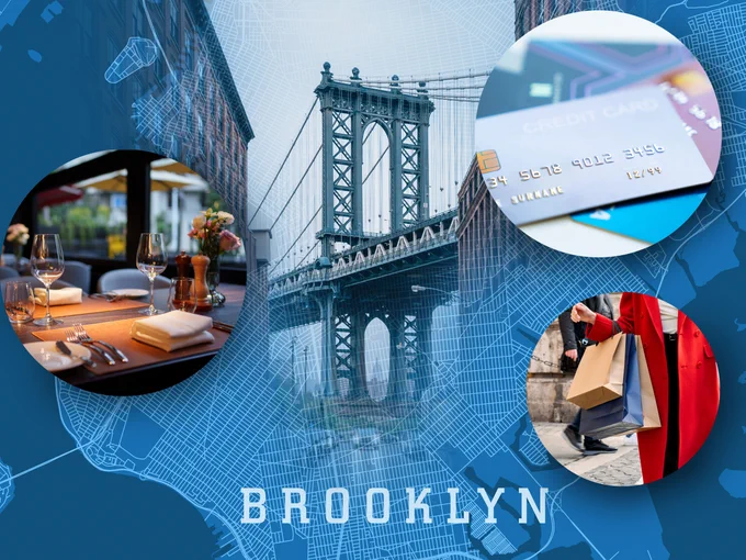 Image showing a collage with the Brooklyn Bridge at the center. Surrounding it are three circular images regarding a mail theft: a dining table set with glassware and utensils, a stack of credit cards, and a person carrying shopping bags. The word "Brooklyn" is displayed prominently at the bottom against a blue map background.