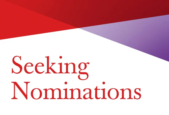Red and purple geometric background with the text 'Seeking Nominations' in bold red font.
