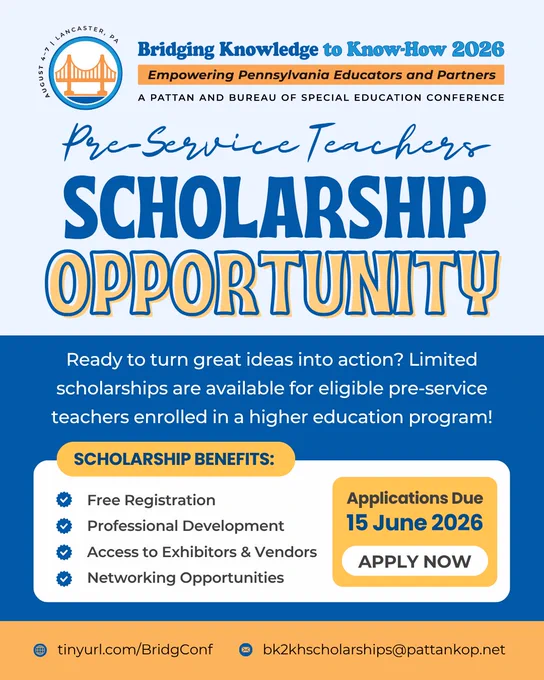 Blue background with text reading, Bridging Knowledge to Know-How Conference. Scholarship Opportunity for Pre-Service Teachers who are enrolled in a Pennsylvania Institution of Higher Education program.
