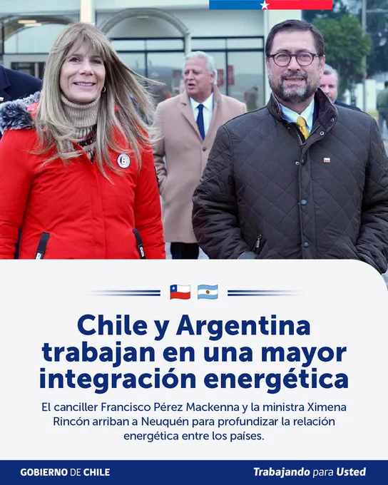 Chile y Argentina trabajan en una mayor integración energética.
El canciller Francisco Pérez Mackenna y la ministra Ximena Rincón arriban a Neuquén para profundizar la relación energética entre los países.