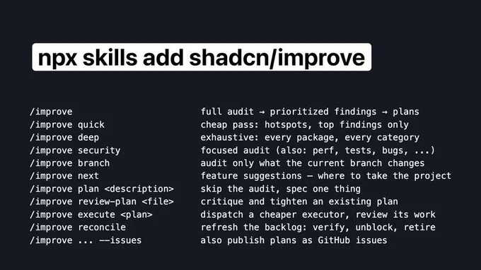 Captura con fondo oscuro que muestra el comando npx skills add shadcn/improve y una lista de comandos /improve para auditar código, revisar seguridad, encontrar deuda técnica, generar planes y hasta publicar issues en GitHub. Básicamente, el “mírame este proyecto y dime dónde me he metido en un jardín” hecho comando.