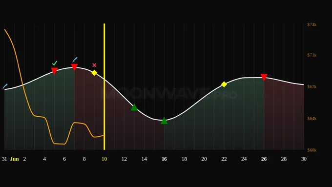 Moonwave 4-week Predicted Sentiment chart for Jun 10, 2026. The chart shows predicted bullish/bearish sentiment and high-probability buy/sell/derisk points. The price of BTC is displayed as an orange line.