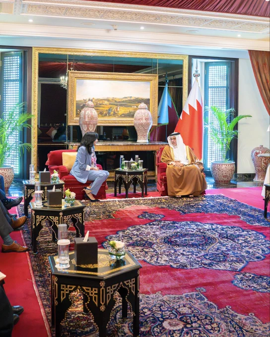 Minister Anand and His Royal Highness Crown Prince and Prime Minister Salman bin Hamad Al Khalifa of Bahrain seated, while having a bilateral discussion.