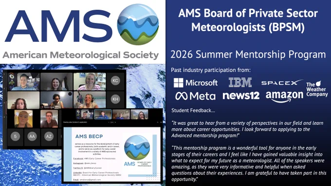 Graphic for the AMS Board of Private Sector Meteorologists (BPSM) 2026 Summer Mentorship Program.