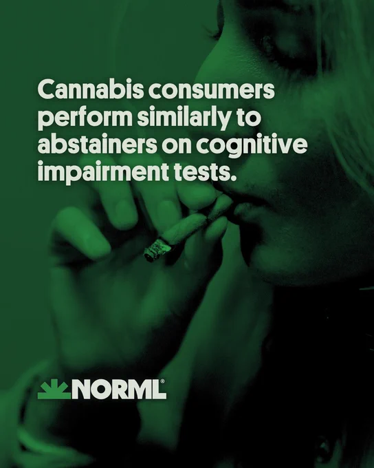 Headline reads, "Cannabis consumers perform similarly to abstainers on cognitive impairment tests." A woman inhales from a legal cannabis joint.