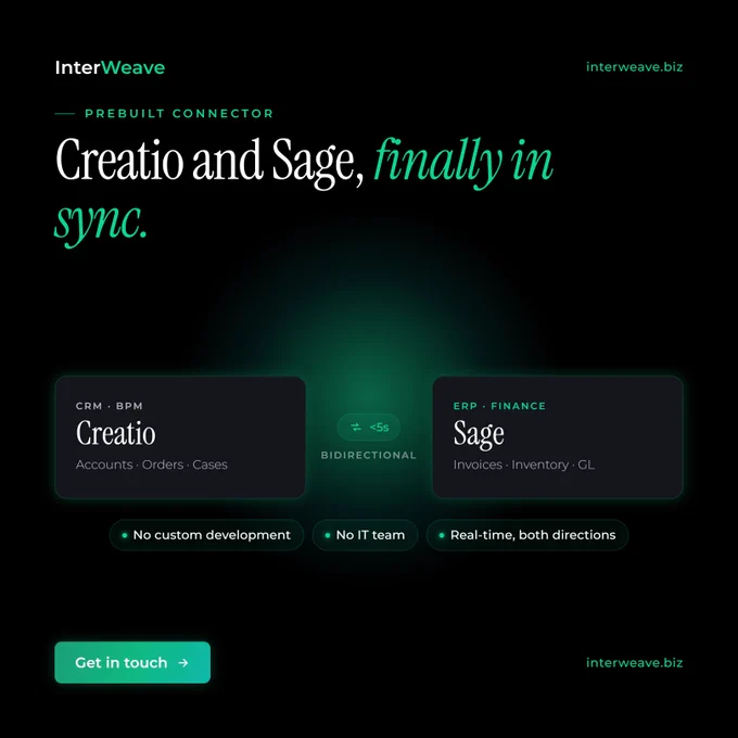 Prebuilt connector
Creatio and Sage, finally in sync.
🌐Learn more: www.interweave.biz