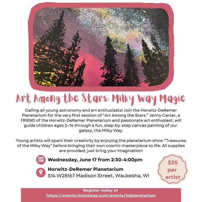 An event poster with a sky full of stars and silhouetted trees. Text reads "Art Among the Stars: Milky Way Magic".