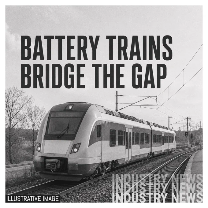 Illustrative image showing an unbranded modern regional battery-electric train on railway tracks beneath overhead wires, with the text 'BATTERY TRAINS BRIDGE THE GAP' overlaid in large uppercase lettering.