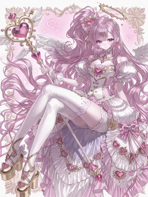 angelic magical girl, angel wing,celestial sweet lolita fashion, milky white and pastel pink color palette, champagne gold accents, abundant layered frills, cascading ruffles, intricate lace trim, oversized ribbon bows, puff sleeves, double puff sleeves, frilled high collar, decorative lace cuffs, layered chest frills, corset waist, ribbon lacing, decorative peplum, oversized side bows, frilled pumpkin bloomers, lace thigh-high stockings, platform mary jane shoes, pearl embellishments, layered pearl chains, gem-encrusted ribbons, heart-shaped jewel centerpiece, large heart-cut gemstone, crystal ribbon ornaments, dangling jewel chains, floating magical gems, floating crystal rings, sacred halo ornament, celestial pendants, wing-shaped jewels, translucent chiffon layers, flowing ribbon tails, dreamy magical atmosphere, ornate angelic wand, large crystal centerpiece, pearl garlands, crystal tassels, masterpiece, ultra detailed