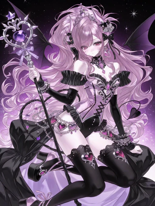 little devil princess archmage, dark fantasy magical girl, vivid pink and amethyst purple color palette, black lace details, silver ornaments, ornate devil tiara, gem-encrusted devil horns, off-shoulder magical leotard, corset-inspired bodice, detached sleeves, layered waist frills, frilled overskirt panels, oversized ribbon bows, cascading ribbon trails, gem-encrusted ribbons, intricate black lace trim, thigh-high stockings, black lace garters, jewel buckle shoes, massive heart-cut gemstones, amethyst crystals, floating magical gems, layered jewel chains, sparkling jewel halos, floating crystal crowns, heart-shaped magical seals, decorative magical circles, large elegant bat wings, black bat wings with violet gradient, heart-tipped devil tail, ribbon-wrapped tail, glowing pink magical particles, sparkling violet particles, ornate devil staff, floating crystal rings, masterpiece, ultra detailed
