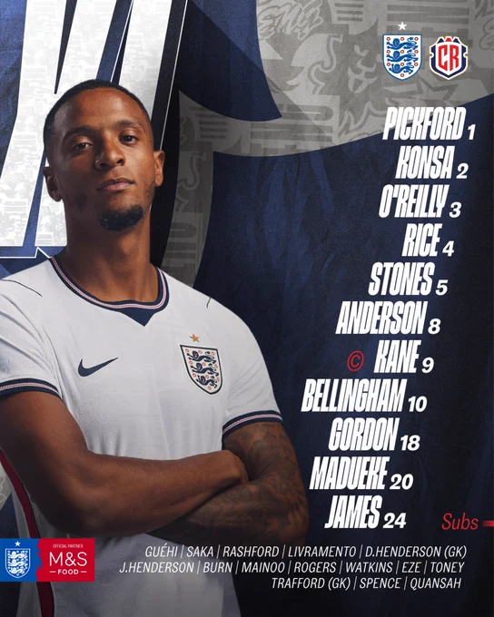 England XI: Pickford, Konsa, O'Reilly, Rice, Stones, Anderson, Kane (c), Bellingham, Gordon, Madueke, James