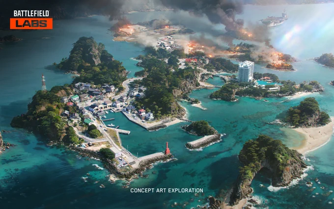 Tsuru Reef concept art exploration showing an early visual-development environment. Battlefield Labs logo displayed. Overlay text reads: "Concept Art Exploration."