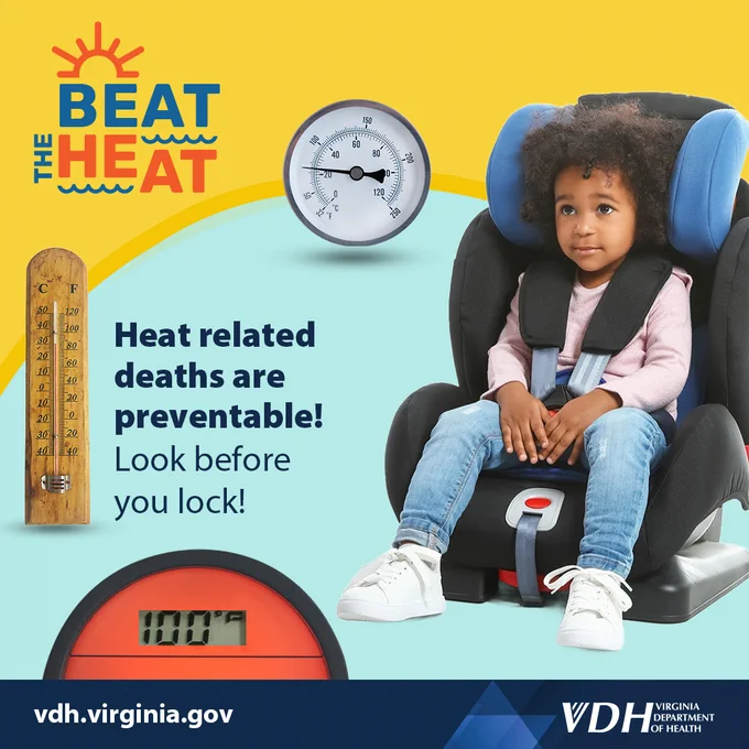 Child secured in a car seat with heat safety message warning that heat-related deaths are preventable and to check temperatures before locking children in cars.