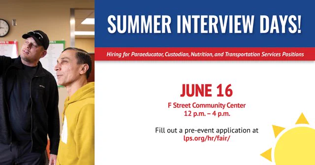 Summer interview days poster with images of two people interacting. Text includes "SUMMER INTERVIEW DAYS!" and details about hiring positions and event time/location.
June 16
F Street Community Center
12 pm - 4 pm