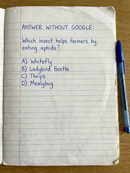 White paper background with blue handwritten text saying:
"ANSWER WITHOUT GOOGLE:
Which insect helps farmers by eating aphids?

A) Whitefly
B) Ladybird Beetle
C) Thrips
D) Mealybug"