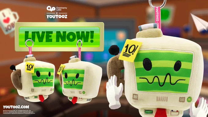 Promotional graphic for the release of pre-orders for the Plush Youtooz keychain of JobBot from Job Simulator - a retro computer monitor with a green screen, sticky note that celebrates the anniversary with a large "10" and a red tie, labeled 'Jobbot Keychain’ with a computer monitor stylized background and sticky notes'. Text reads "LIVE NOW!"