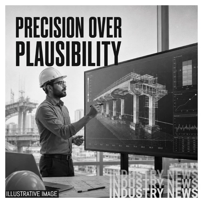 Illustrative image showing an engineer in a hard hat reviewing a large structural analysis model on a screen in a modern infrastructure setting, with the monochrome hook text 'PRECISION OVER PLAUSIBILITY'.
