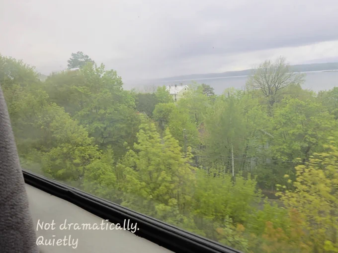 Alt text:

View from a train or bus window on a cloudy day, looking out over green trees, a distant lake and a small white house. The image has a soft, reflective atmosphere with muted colors and slight motion blur. White handwritten text in the corner says: “Not dramatically. Quietly.”