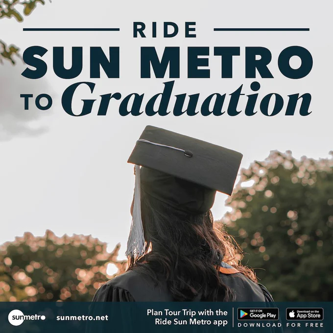 Girl in graduation cap with text: Ride Sun Metro to Graduation