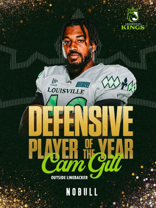 A digital poster announcing the Defensive Player of the Year for the Louisville Kings, featuring an athlete in team uniform. The design is bold and celebratory.