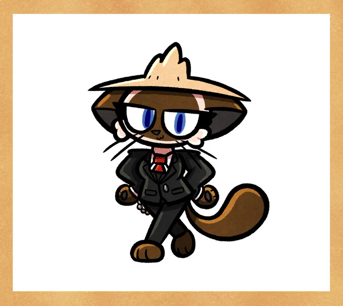 Digital artwork featuring Adeline walking with her hands on her hips as she looks at you smugly.

Adeline is a female anthropomorphic Siamese cat wearing a black business suit and a large fedora.