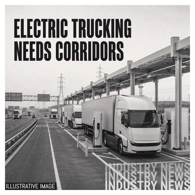 Illustrative image showing unbranded electric HGVs charging at a motorway-side freight corridor hub, with charging infrastructure, road lanes and overhead power infrastructure in a monochrome editorial style.