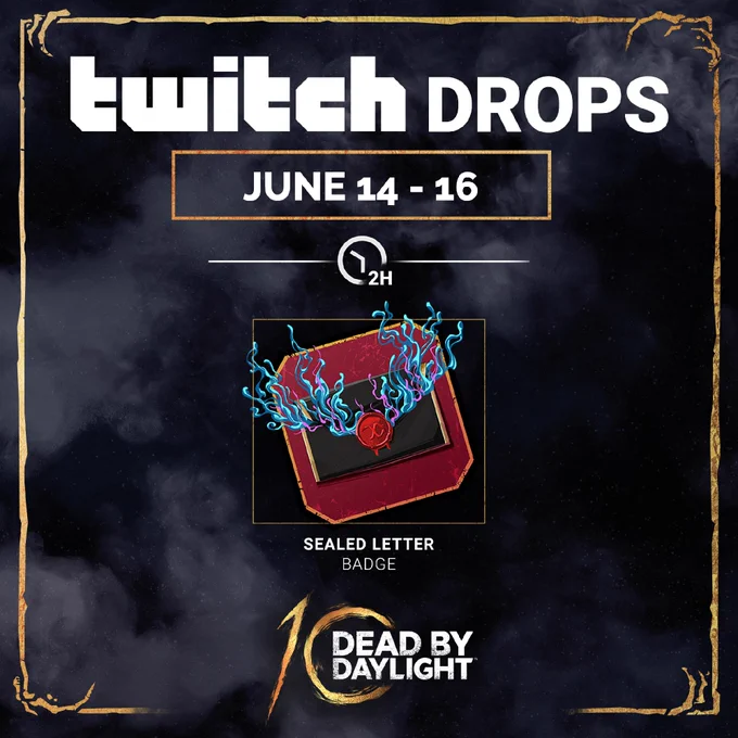 Sealed Letter badge on a dark, foggy background. This Twitch drop will be available between June 14 to 16.