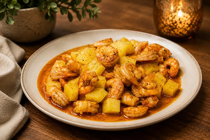 A delicious-looking dish featuring sautéed shrimp with diced pineapple in a flavorful sauce. The warm, cozy setting adds to the appetizing presentation.