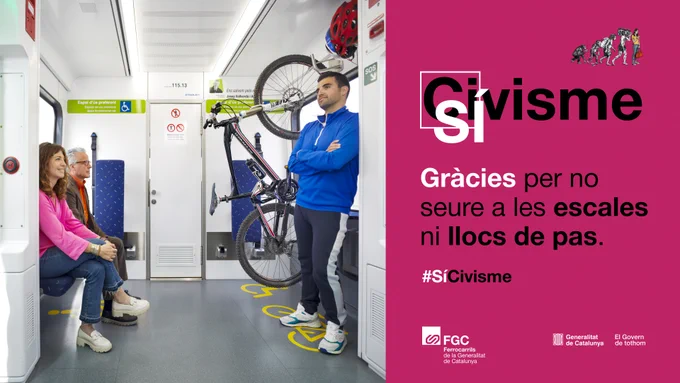 Imatge de la campanya de civisme gràcies per no seure a escales ni zones de pas.