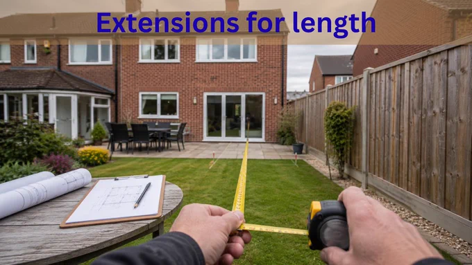 Extensions for length being measured in a residential garden before a home extension project, with architectural plans and tape measure visible.
