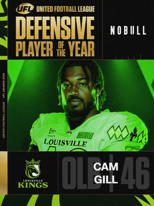 Award graphic honoring Cam Gill as the Defensive Player of the Year by the United Football League for the Louisville Kings. Bold, energetic design with vibrant green tones.