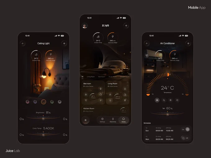 Dark themed smart home mobile app showcasing lighting control, room management, climate settings, and energy monitoring. The interface features warm ambient visuals, temperature controls, brightness adjustment sliders, automation schedules, and connected room dashboards designed for a premium smart living experience.