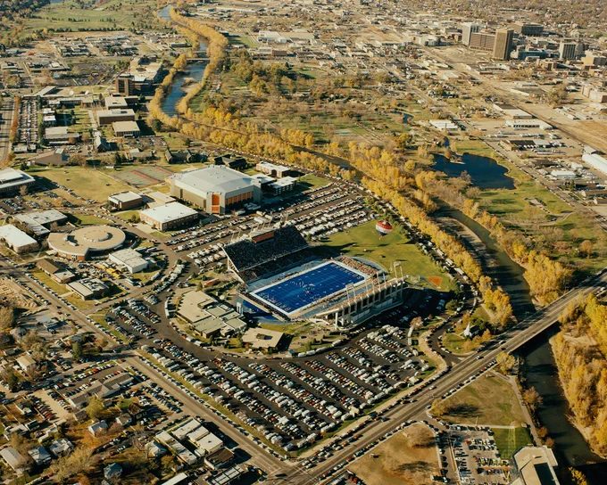 Top-down view of the Boise State campus and Albertsons Stadium in the 80s. 
