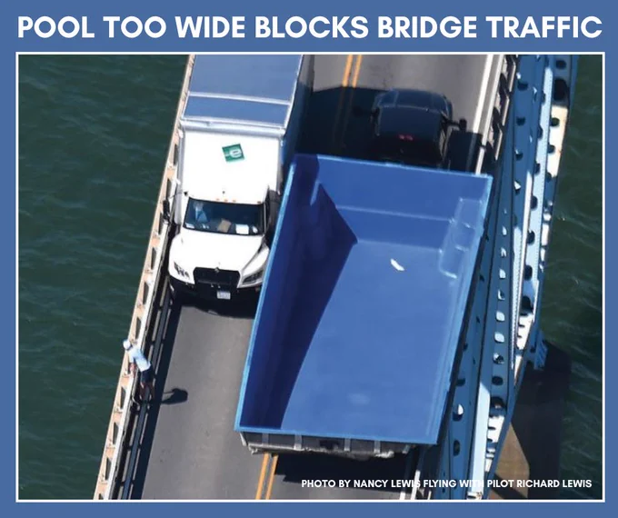 Pools are normally a welcome sight this time of year, except when they are holding up traffic on the Robert O. Norris Jr. Memorial Bridge. 

According to the Virginia State Police, on Friday, June 5, at approximately 9:17 a.m. troopers responded to a crash on the bridge involving a pick-up truck transporting a pool from the White Stone side.

Full story here: https://rrecord.com/pool-too-wide-blocks-bridge-traffic.