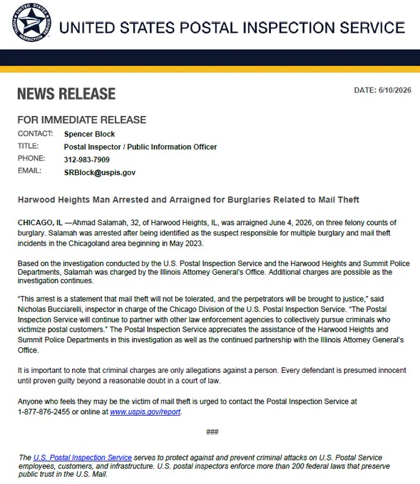 USPIS Chicago Division press release detailing the arrest and arraignment of Ahmad Salamah, 32, of Harwood Heights, IL, for suspected role in multiple burglary and mail theft incidents across Chicagoland since May 2023.
