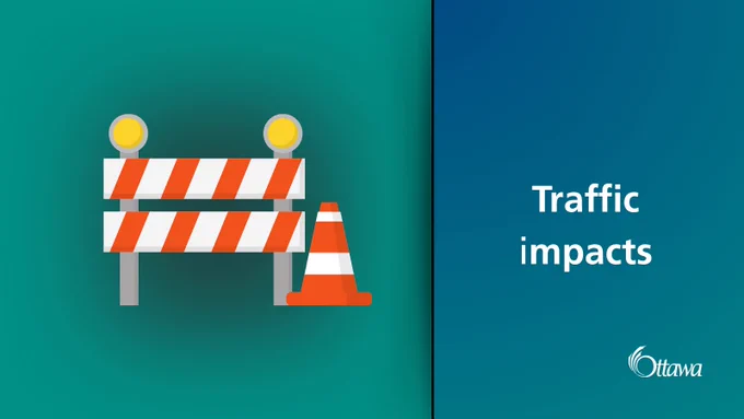A graphic with a blue and green background with a pictogram of a construction gate. Traffic impacts is written on the side.