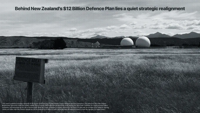 Image: The Waihopai satellite communications station in Marlborough. The facility sits at the intersection of intelligence sharing, international security cooperation, and New Zealand's role within the Five Eyes partnership, themes that increasingly overlap with the strategic direction outlined in the Government's $12 billion Defence Capability Plan. (Supplied / Daniel Town)
