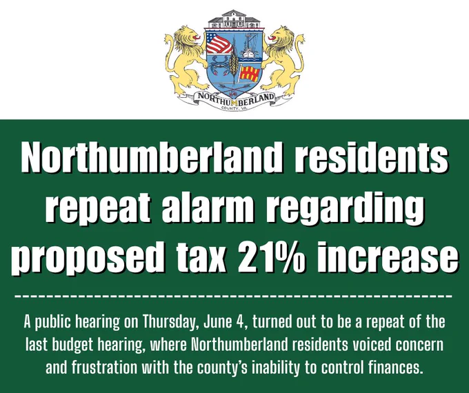 HEATHSVILLE—A public hearing on Thursday, June 4, turned out to be a repeat of the last budget hearing, where Northumberland residents voiced concern and frustration with the county’s inability to control finances.

Continuing coverage in this week's Record: https://rrecord.com/northumberland-residents-repeat-alarm-regarding-proposed-tax-21-increase.