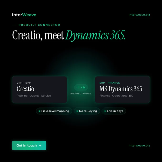 Creatio, meet MS Dynamics 365.
🌐Explore: www.interweave.biz
