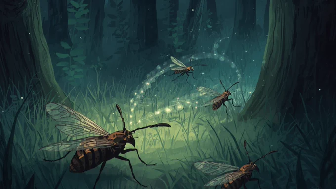 A graphic image depicting an insect communicating with others of its own species at night in  a forest using chemical signals.