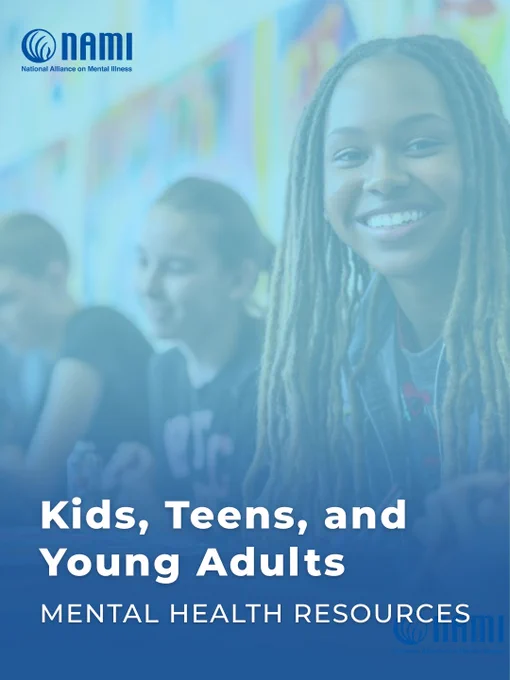 Opaque photograph of a teenage girl of African/American ancestry, smiling as she sits in a classroom. At the bottom of the image are the words "kids, teens and young adults mental health resources"
