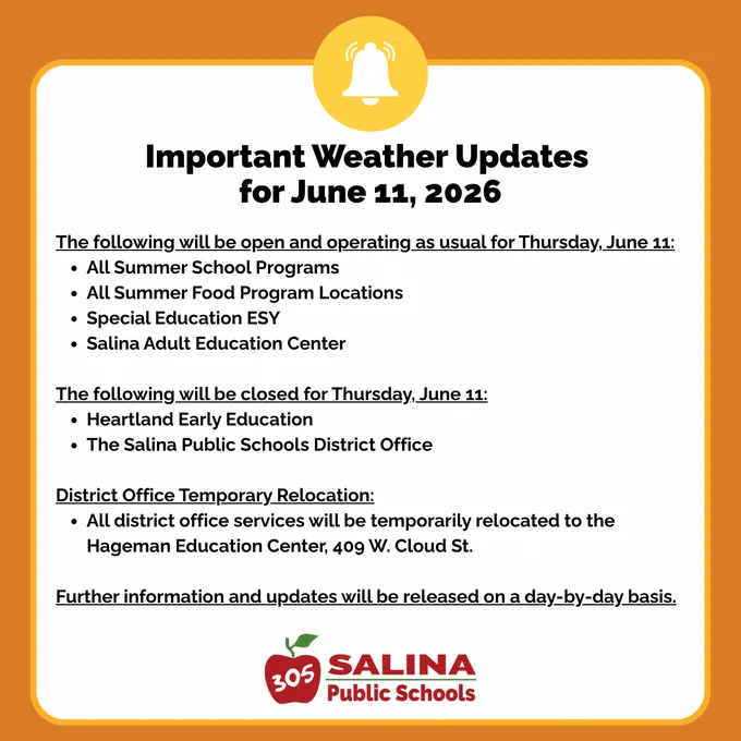 The following will be open & operating as usual for Thursday, June 11: Summer School Programs, Summer Food Program Locations, Special Education ESY,  and the SAEC.

The following will be closed for June 11: Heartland Early Education, & the Salina Public Schools District Office.

District Office Temporary Relocation:
All district office services will be temporarily relocated to the Hageman Education Center, 409 W. Cloud St. 

Further information and updates will be released on a day-by-day basis.