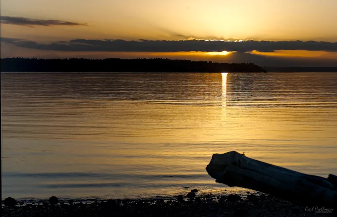 A golden sunset over Puget Sound with the sun partly hidden behind a long dark cloud bank near the horizon. A bright vertical reflection stretches across the calm rippled water toward the foreground. The distant shoreline is in dark silhouette, and a large piece of driftwood sits in shadow along the lower right edge of the frame. The photo feels peaceful, warm, and quietly reflective.