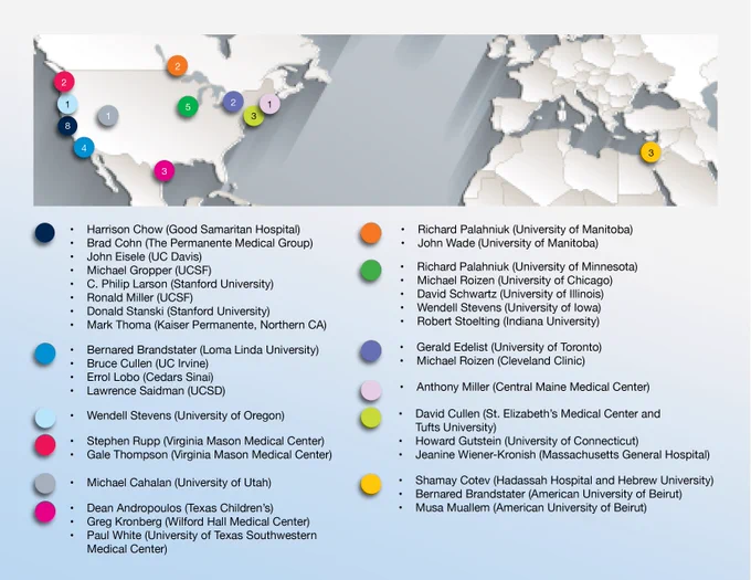 A map of North America, Europe and North Africa showing the locations of cities where alumni and former faculty have chaired departments.